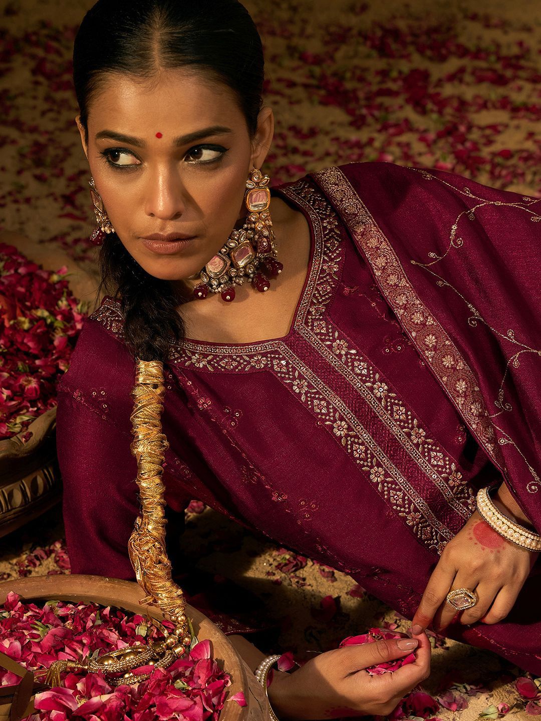 Dhiyona IE Maroon Floral Embroidered V-Neck Straight Kurta with Trousers & Dupatta