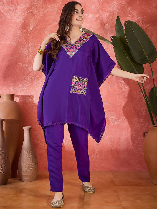 Dhiyona SN Women's Ethnic Motifs Embroidered Zari Sequence Kaftan Kurta & Trousers Set