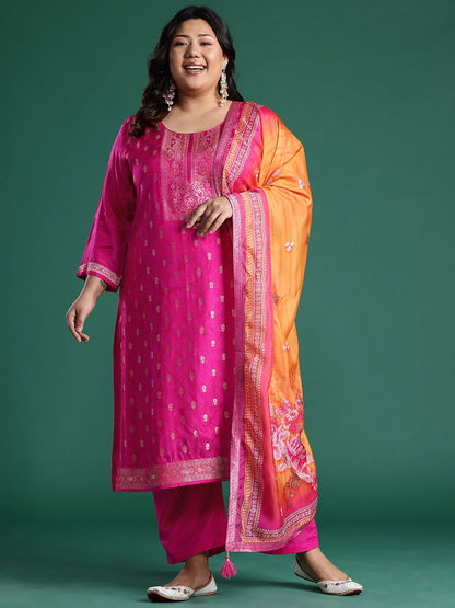 Plus Size Woven Design Kurta with Palazzos & Dupatta