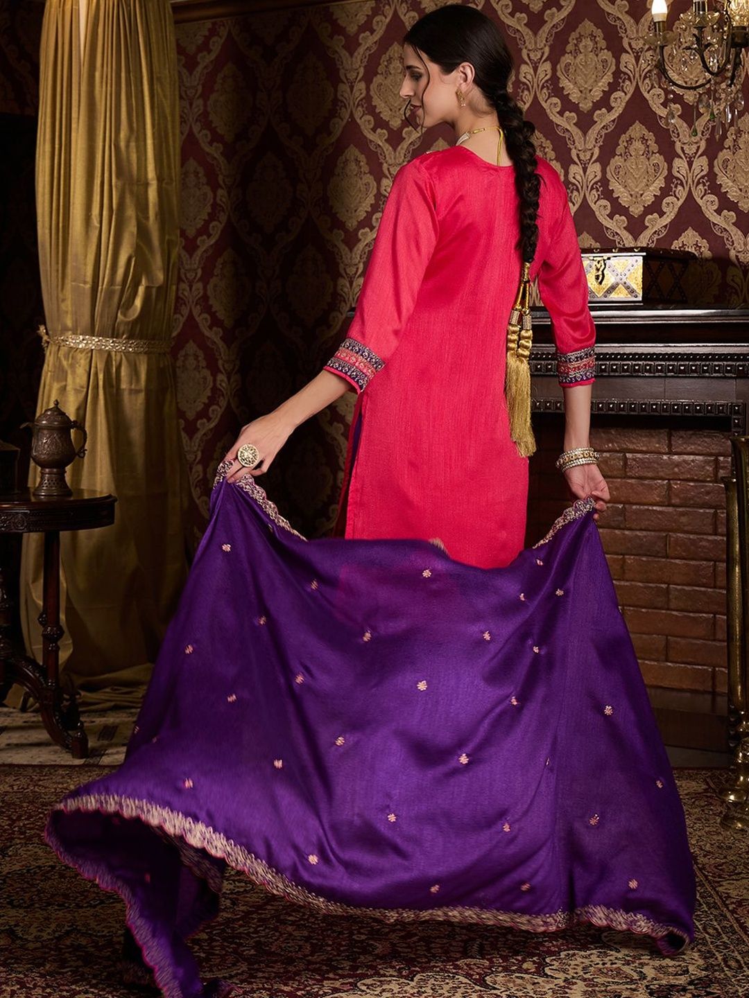 Dhiyona CH Ethnic Motifs Embroidered Thread Work Kurta With Palazzos & Dupatta