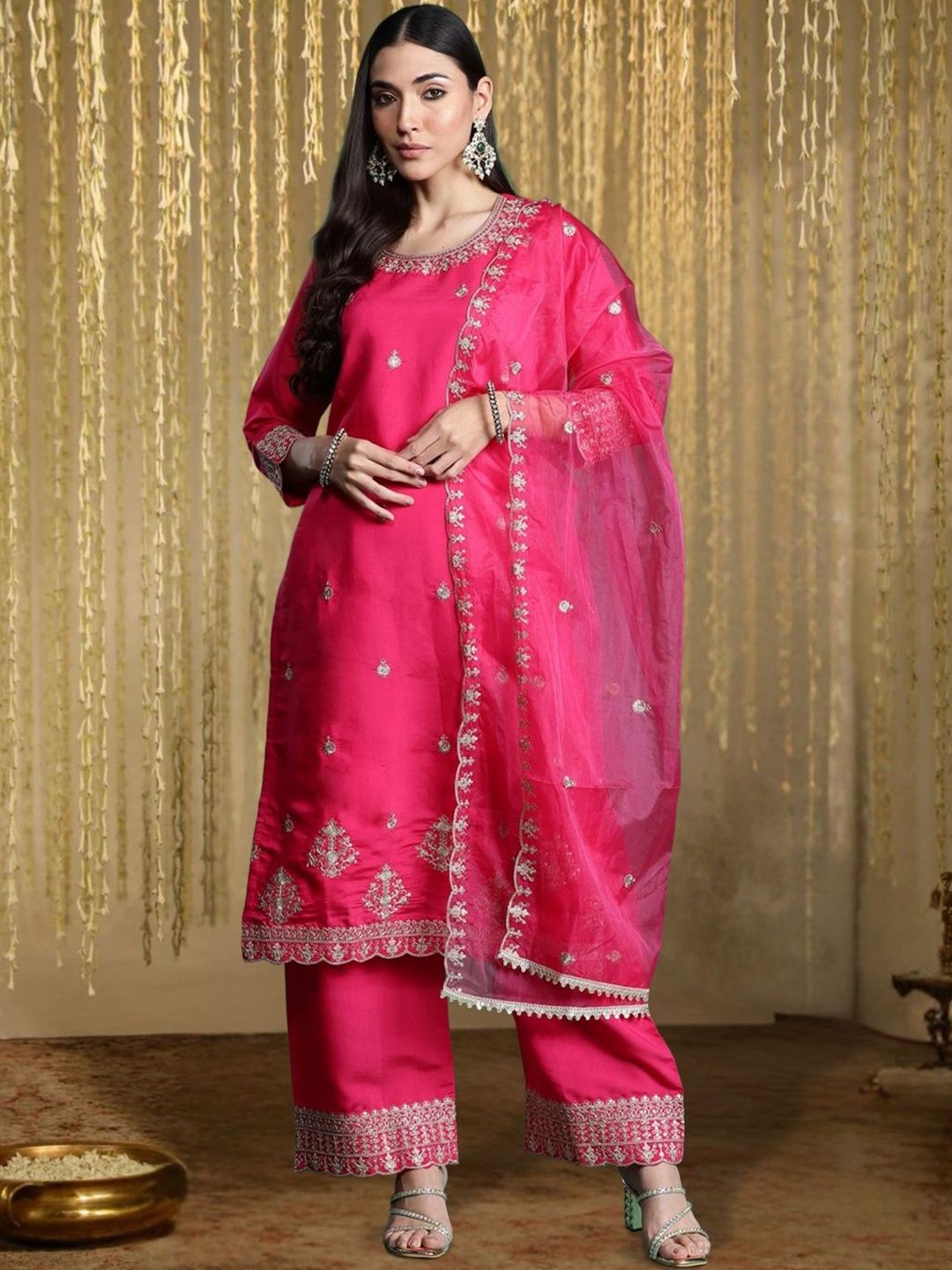 Dhiyona IE Women Ethnic Motifs Embroidered Regular Kurta with Trousers & With Dupatta