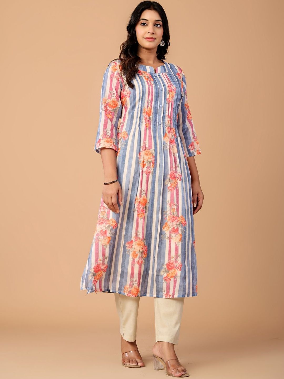Dhiyona IE Striped Pure Cotton A Line Kurta With Trousers