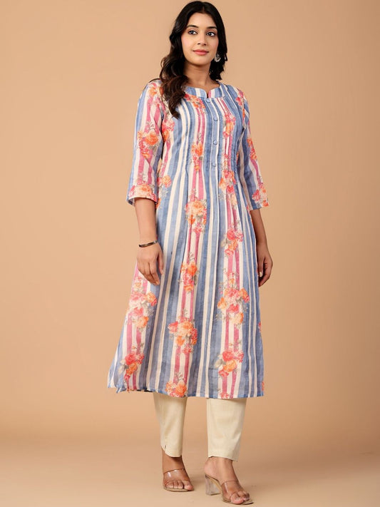 Striped Pure Cotton A Line Kurta With Trousers
