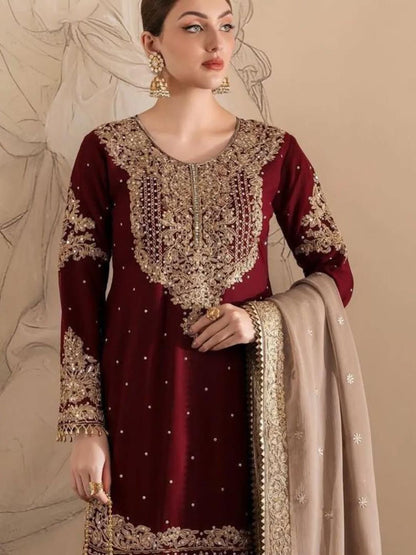 Dhiyona KL Women Leheriya Embroidered Regular Sequinned Kurta with Palazzos & With Dupatta