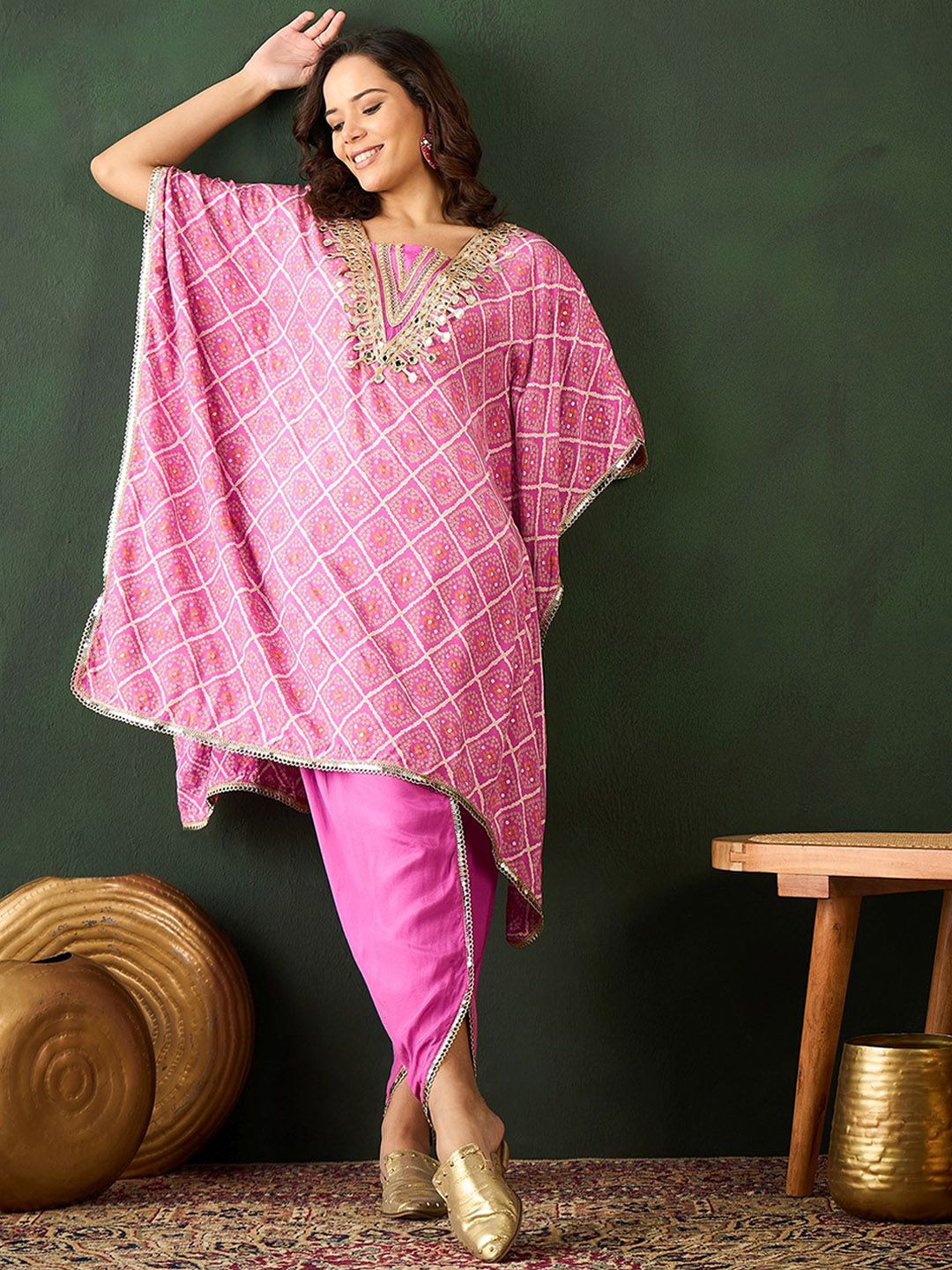 Dhiyona SN Women's Pink Bandhani Printed Gotta Patti Asymmetric Kaftan With Dhoti Pant