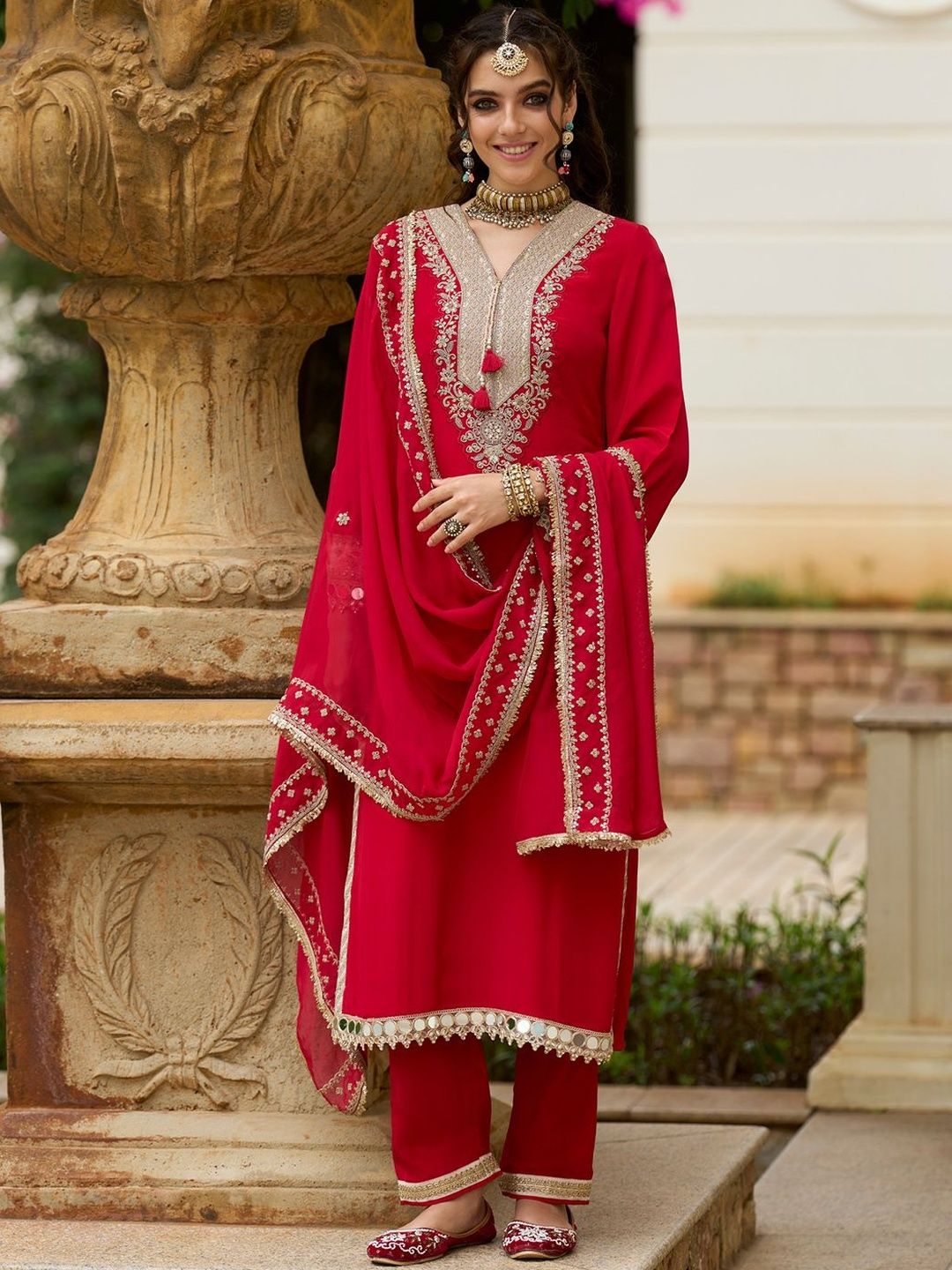 Dhiyona IE Ethnic Motifs Embroidered V-Neck Mirror Work Kurta With Trousers & Dupatta
