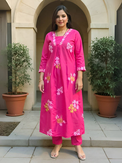 Dhiyona IE Floral Embroidered A-Line Kurta and Trousers Pure Cotton Co-Ords Set
