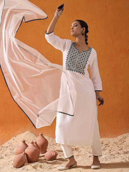 White Floral Embroidered Straight Kurta with Trousers & Dupatta