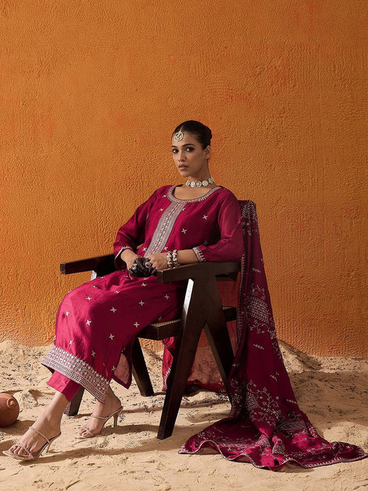 Dhiyona IE Ethnic Motifs Embroidered Thread Work Straight Kurta With Trousers & Dupatta