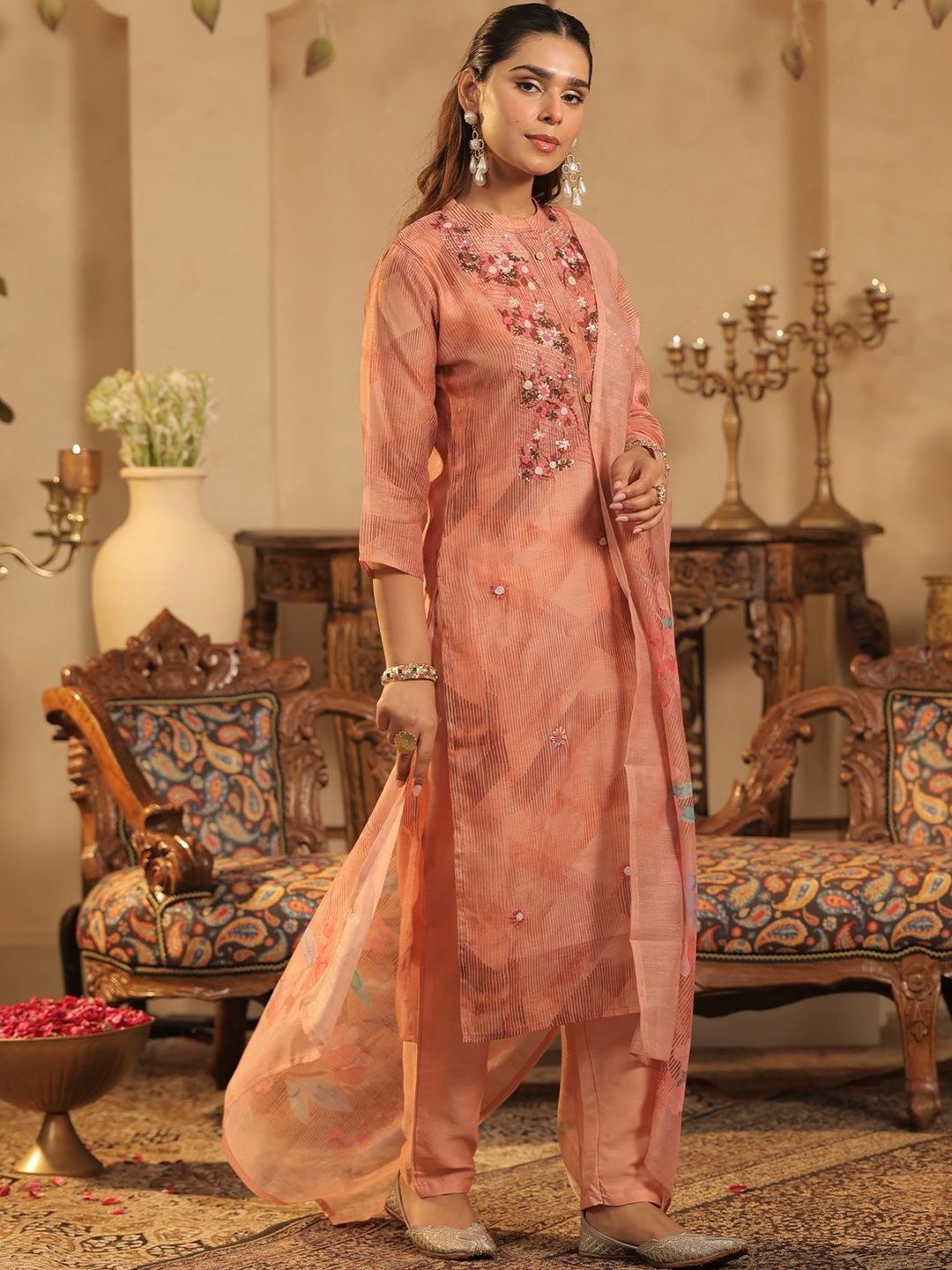 Floral Embroidered Thread Work Kurta with Trouser & With Dupatta