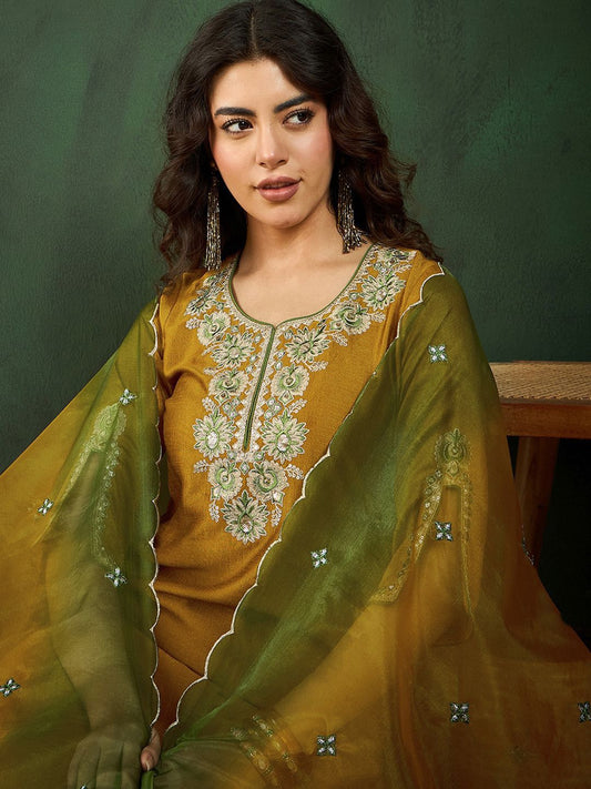Dhiyona SN Women's Mustard Yellow & Green Floral Embroidered Zari Kurta With Trousers & Dupatta