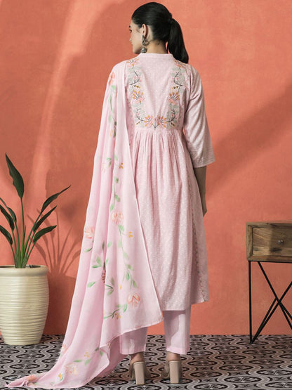 Dhiyona SN Women's Floral Embroidered Mandarin Collar Cotton A-Line Kurta With Trouser & Dupatta