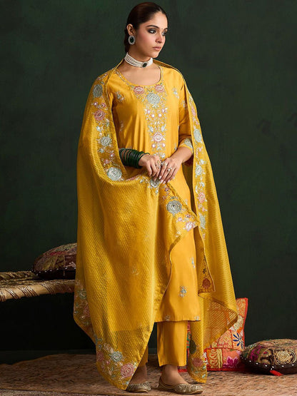 Dhiyona IE Mustard Yellow Floral Embroidered Straight Kurta with Trousers & Dupatta