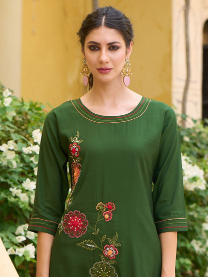 Dhiyona IE Floral Embroidered Regular Thread Work Straight Kurta with Trousers & Dupatta