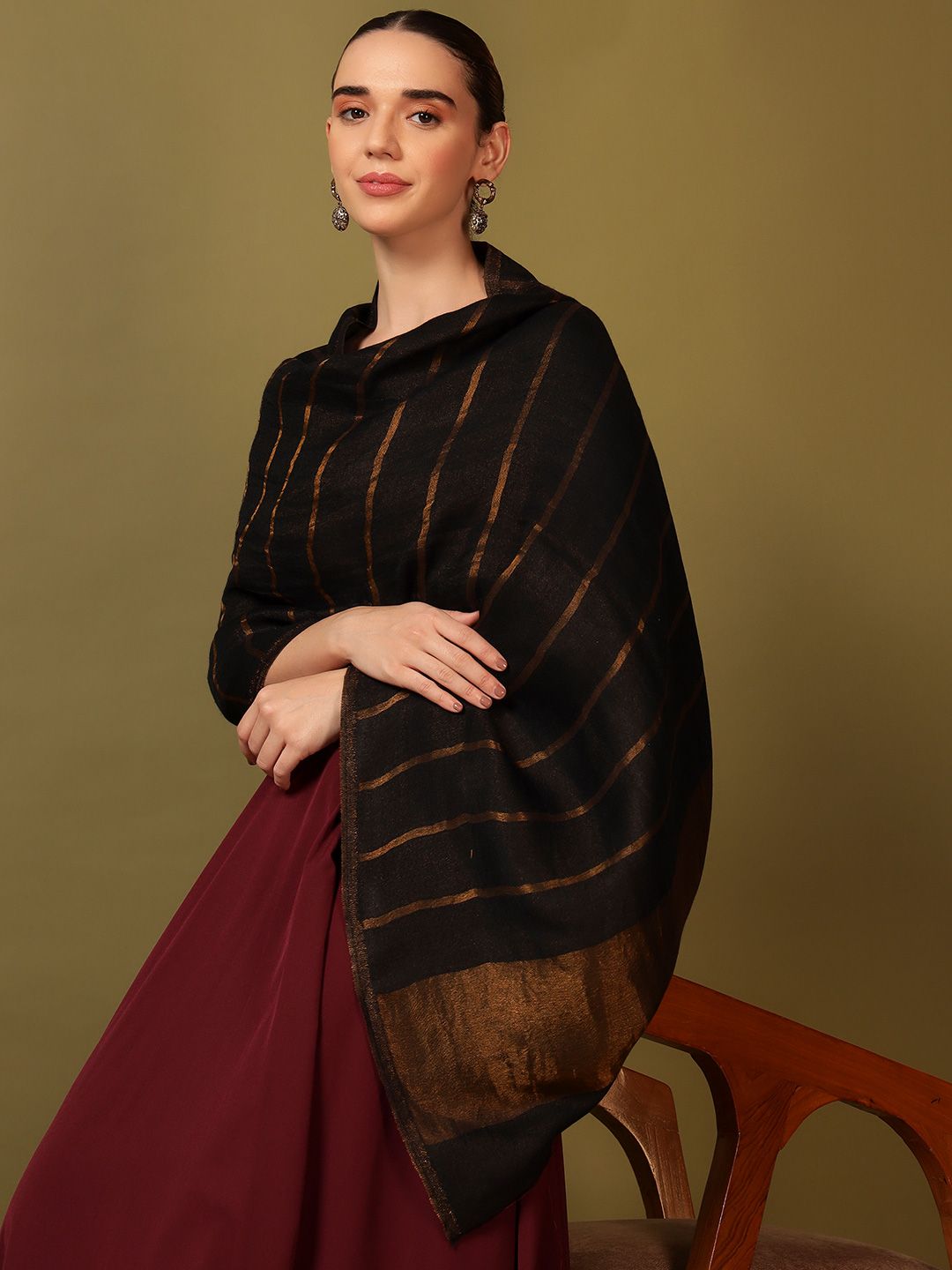 Dhiyona PA Striped Woven Design Woolen Reversible Shawl