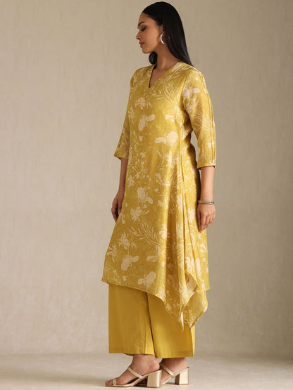 Dhiyona SO Women's Floral Printed Linen A-Line Kurta with Palazzo