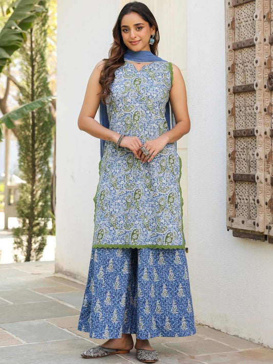 Dhiyona RR Women's Ethnic Motifs Printed Regular Pure Cotton Kurta with Palazzos & With Dupatta