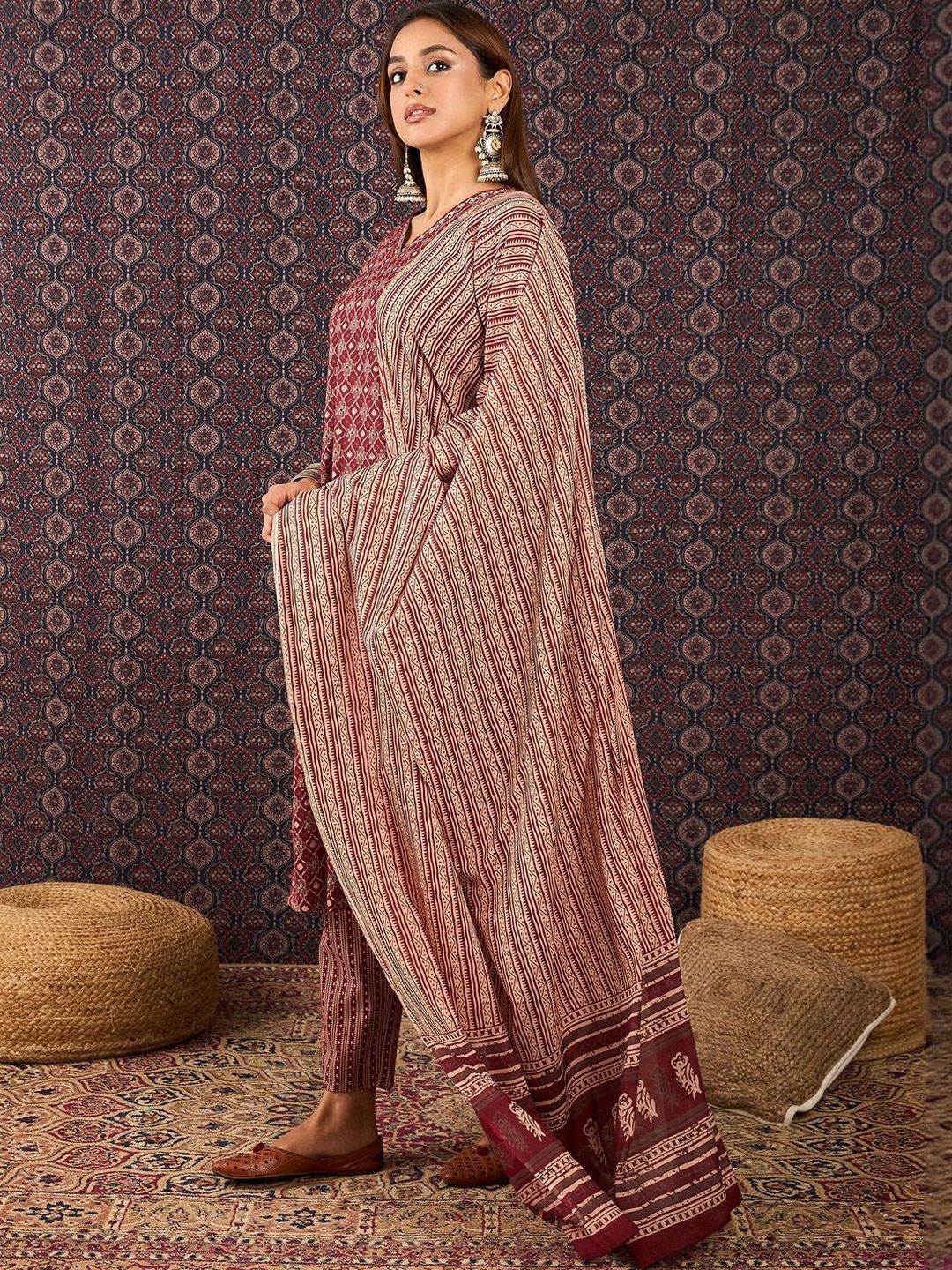 Women Ethnic Motifs Printed Regular Pure Cotton Kurta Trousers With Dupatta