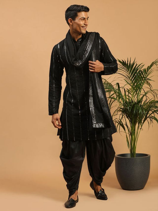 Men's Black Viscose Straight Kurta and Dhoti Set
