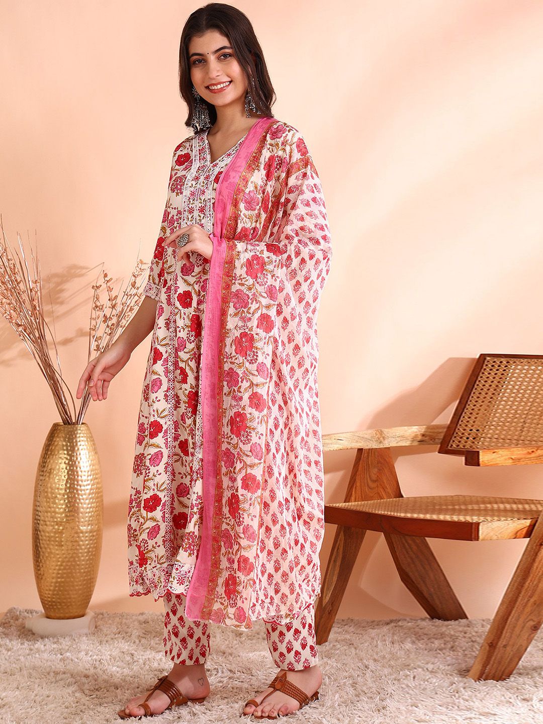 Dhiyona OD  Thread Work Pure Cotton Anarkali Kurta with Trousers & Dupatta