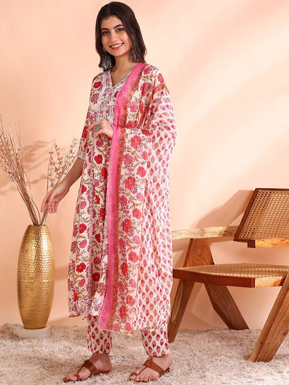 Dhiyona OD  Thread Work Pure Cotton Anarkali Kurta with Trousers & Dupatta