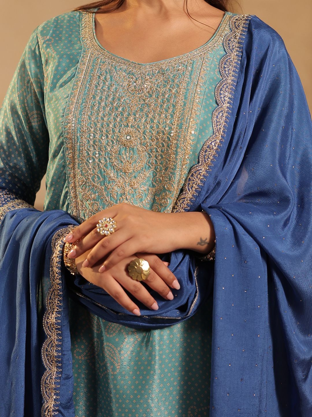 Bandhani Printed Sequinned Straight Kurta & Trousers With Dupatta