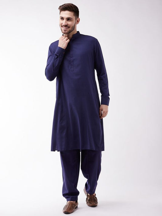 Men's Blue Cotton Blend Pathani Kurta and Patiala Set