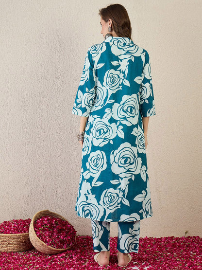 Dhiyona IE Floral Printed Pure Cotton Spread Collar Tunic With Trousers Co-Ords