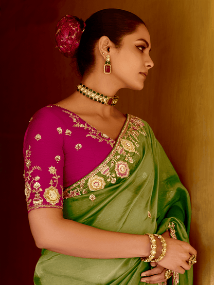 Dhiyona KM Women Olive Green Designer Tissue Silk Saree