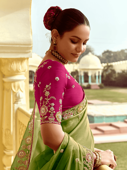 Dhiyona KM Women Olive Green Designer Tissue Silk Saree