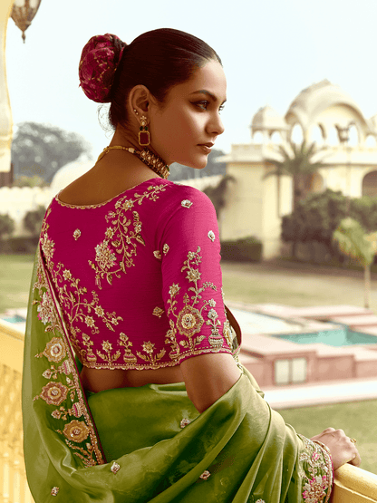 Dhiyona KM Women Olive Green Designer Tissue Silk Saree