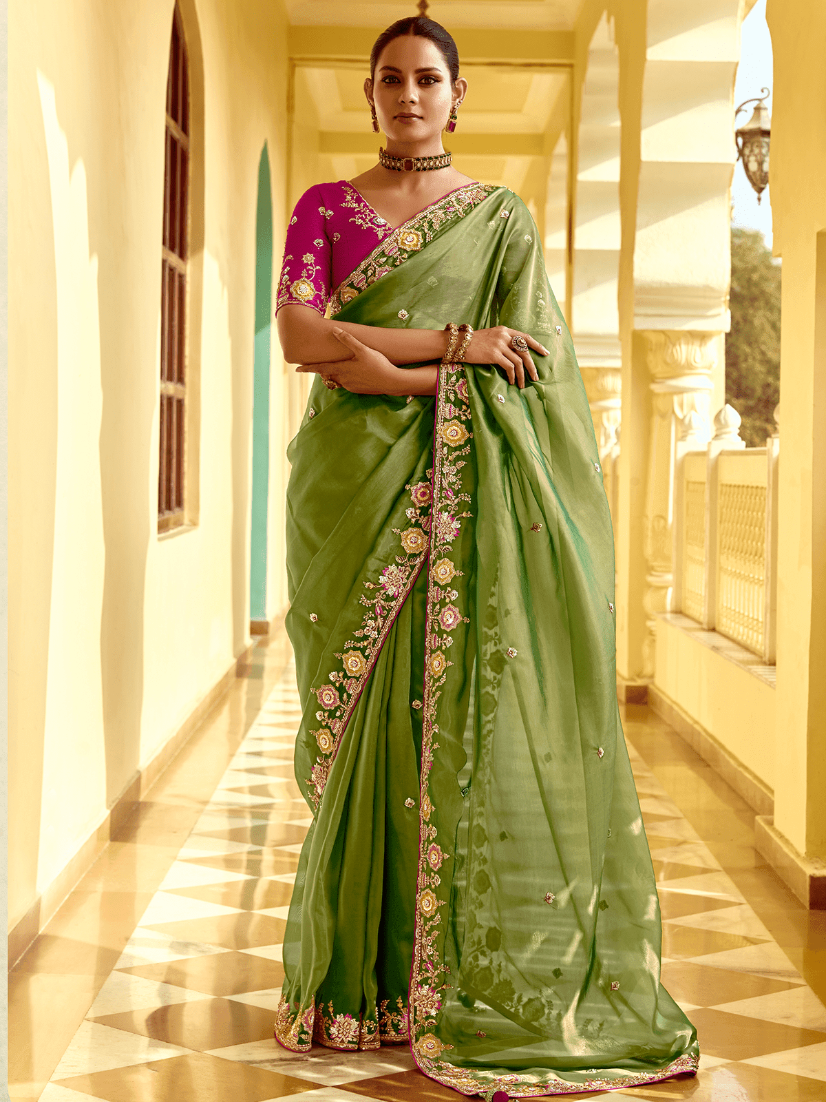 Dhiyona KM Women Olive Green Designer Tissue Silk Saree