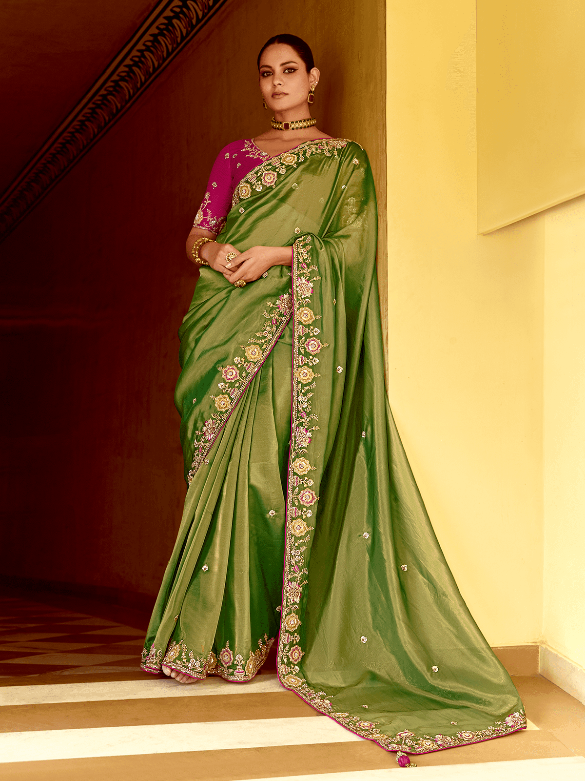 Dhiyona KM Women Olive Green Designer Tissue Silk Saree