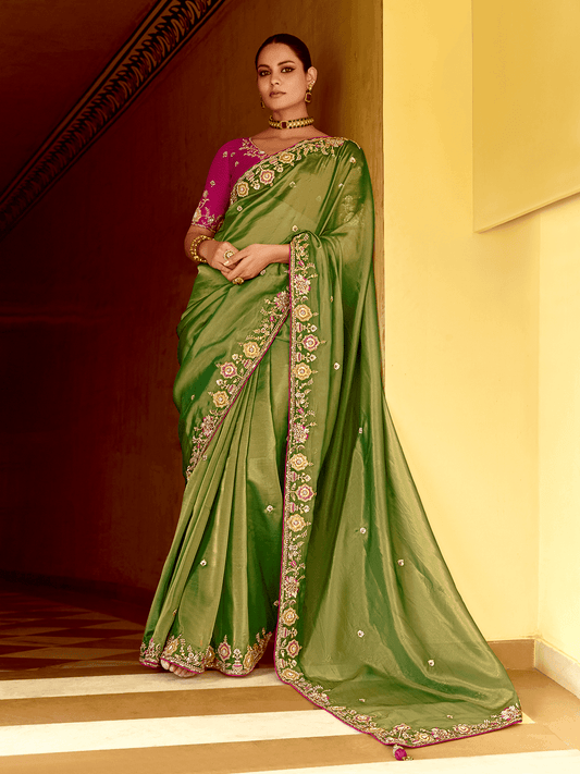 Dhiyona KM Women Olive Green Designer Tissue Silk Saree