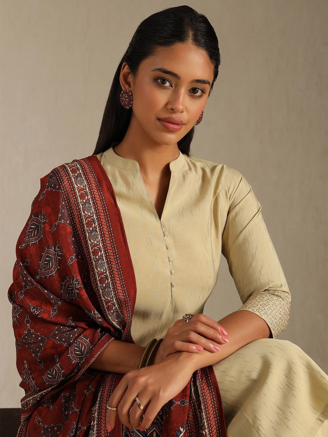 Dhiyona SO Women's Women Ethnic Motifs Solid A-Line Kurta with Trousers & Dupatta