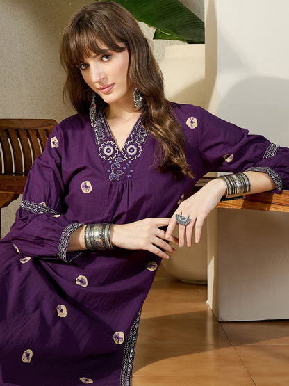 Dhiyona IE Ethnic Motifs Embroidered Pure Cotton V-Neck Tunic With Trousers