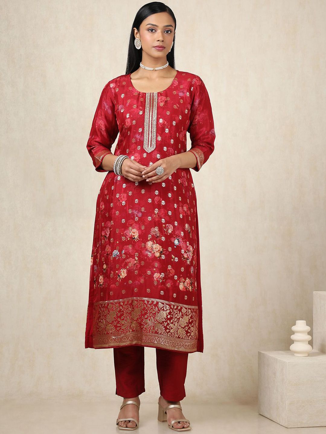 Dhiyona SO Women's Floral Woven Design Zari Work Brocade Kurta With Trousers & Dupatta