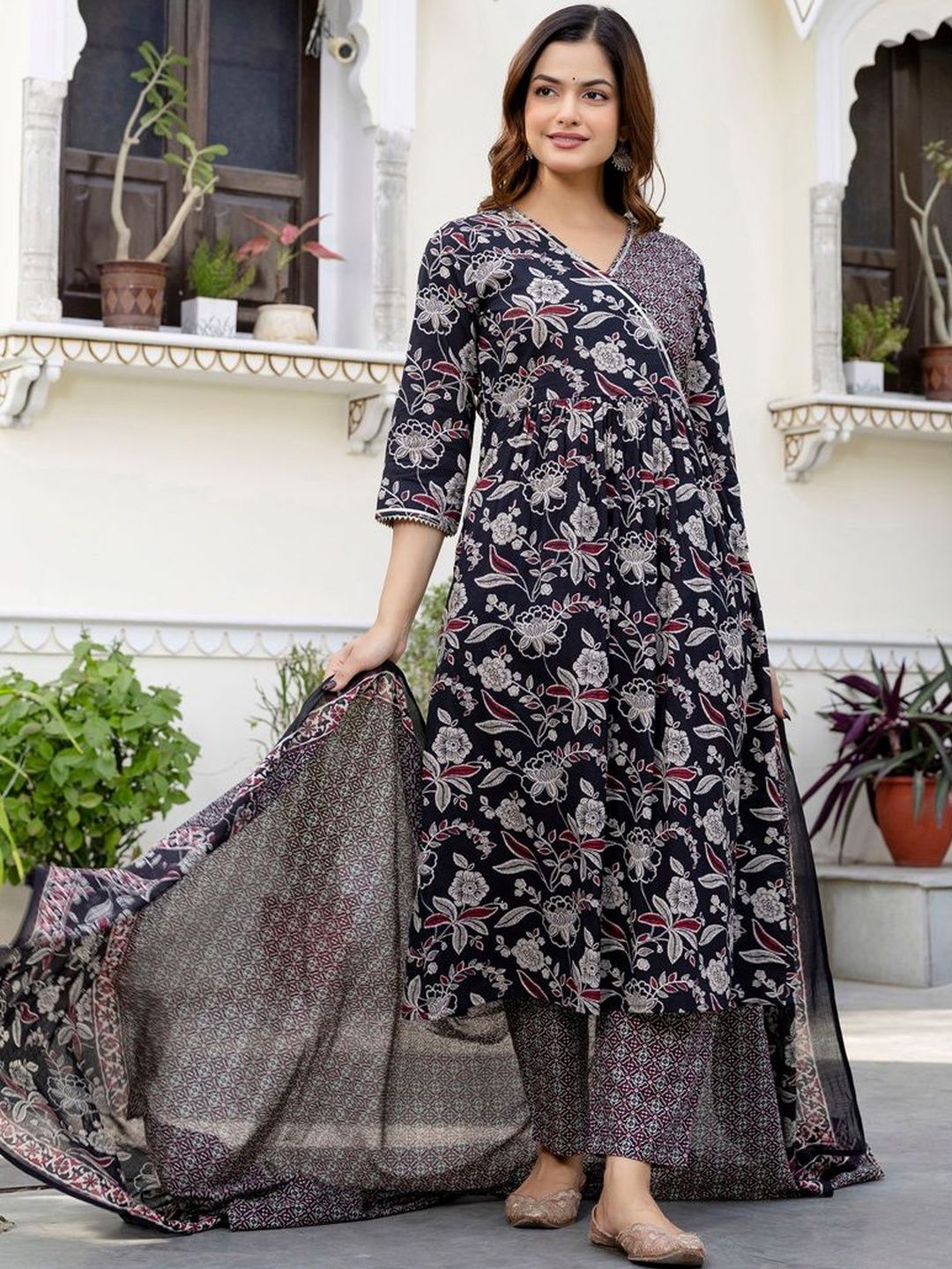 Women Floral Printed Angrakha Pure Cotton Kurta with Trousers & With Dupatta