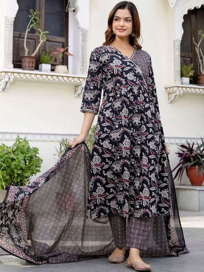 Women Floral Printed Angrakha Pure Cotton Kurta with Trousers & With Dupatta
