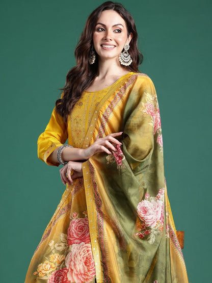 Woven Design Round Neck Straight Kurta With Trouser & Dupatta