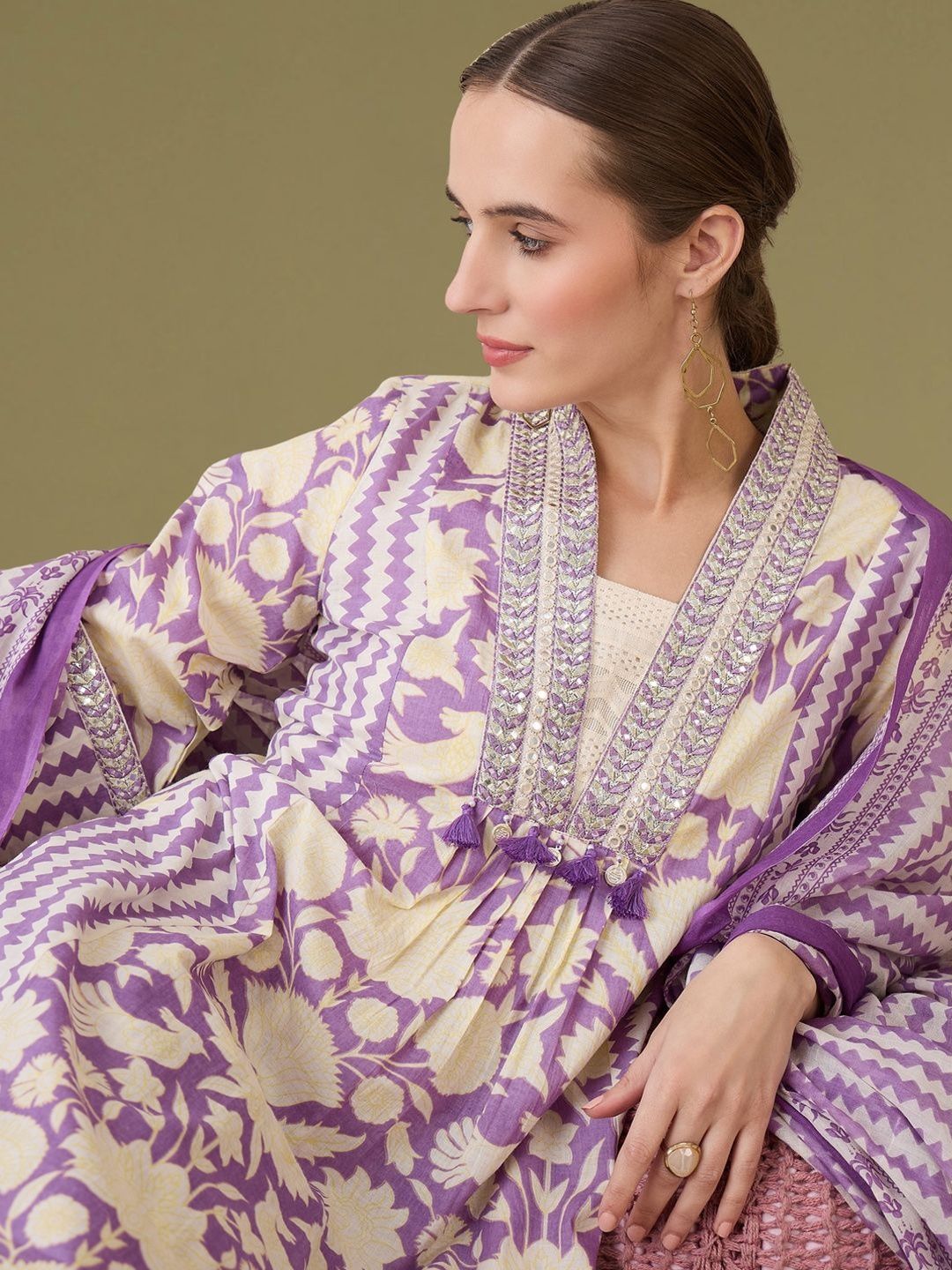 Dhiyona IE Women Ethnic Motifs Printed Empire Mirror Work Pure Cotton Kurta with Trousers & With Dupatta