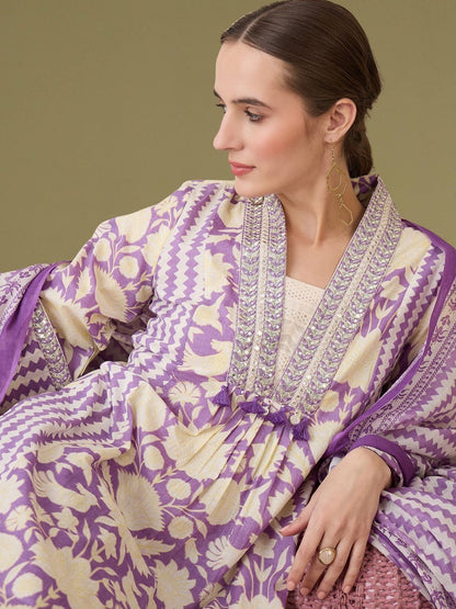 Women Ethnic Motifs Printed Empire Mirror Work Pure Cotton Kurta with Trousers & With Dupatta