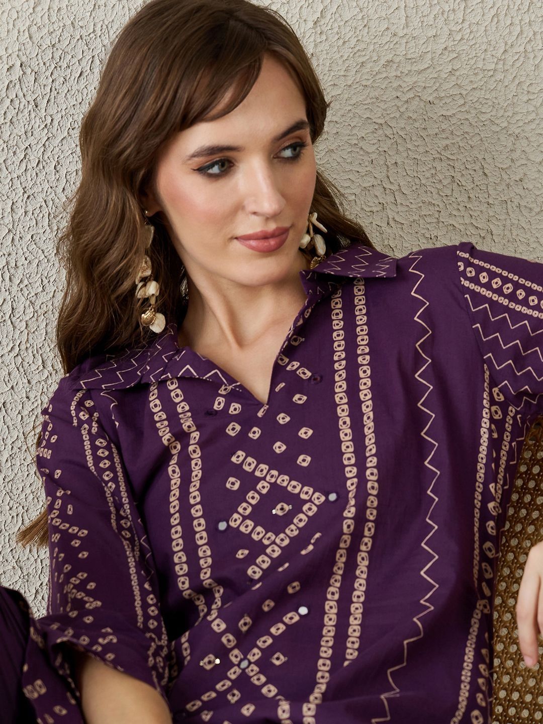 Women Bandhani Printed Regular Pure Cotton Kurti With Trousers