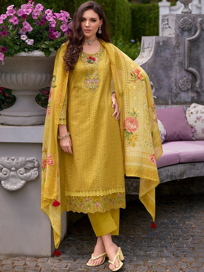 Women Floral Embroidered Cotton Kurta with Trousers & Dupatta