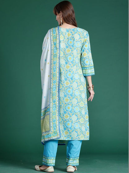 Women Floral Printed Regular Mirror Work Pure Cotton Kurta with Trousers & With Dupatta