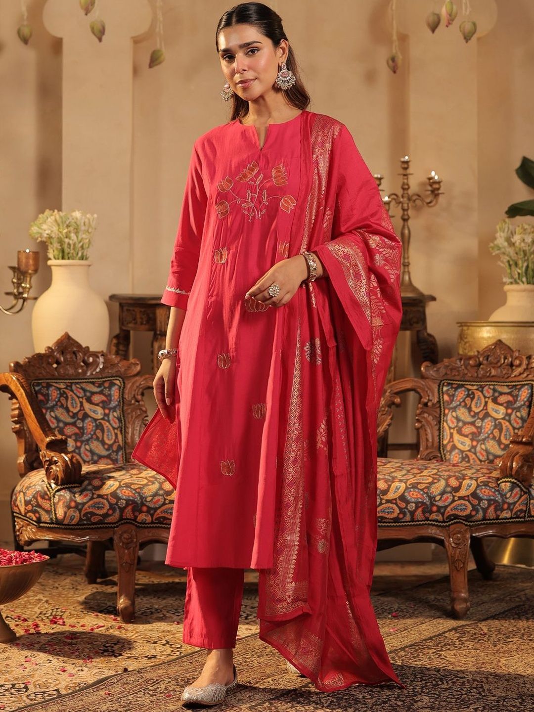 Dhiyona IE Floral Embroidered Notch Neck Panelled A-Line Kurta & Trousers With Dupatta