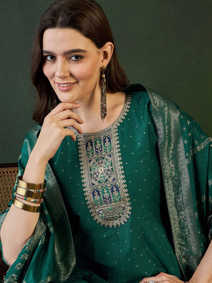 Dhiyona SN Women's Floral Embroidered Layered Kurta with Trouser & Dupatta