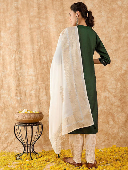 Ethnic Motifs Embroidered Straight Sequinned Kurta with Trousers & Dupatta
