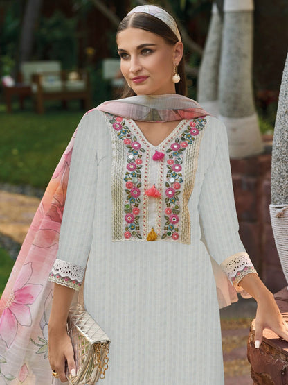 Dhiyona IE Off White Floral Embroidered V-Neck Pure Cotton Kurta with Trousers & Dupatta
