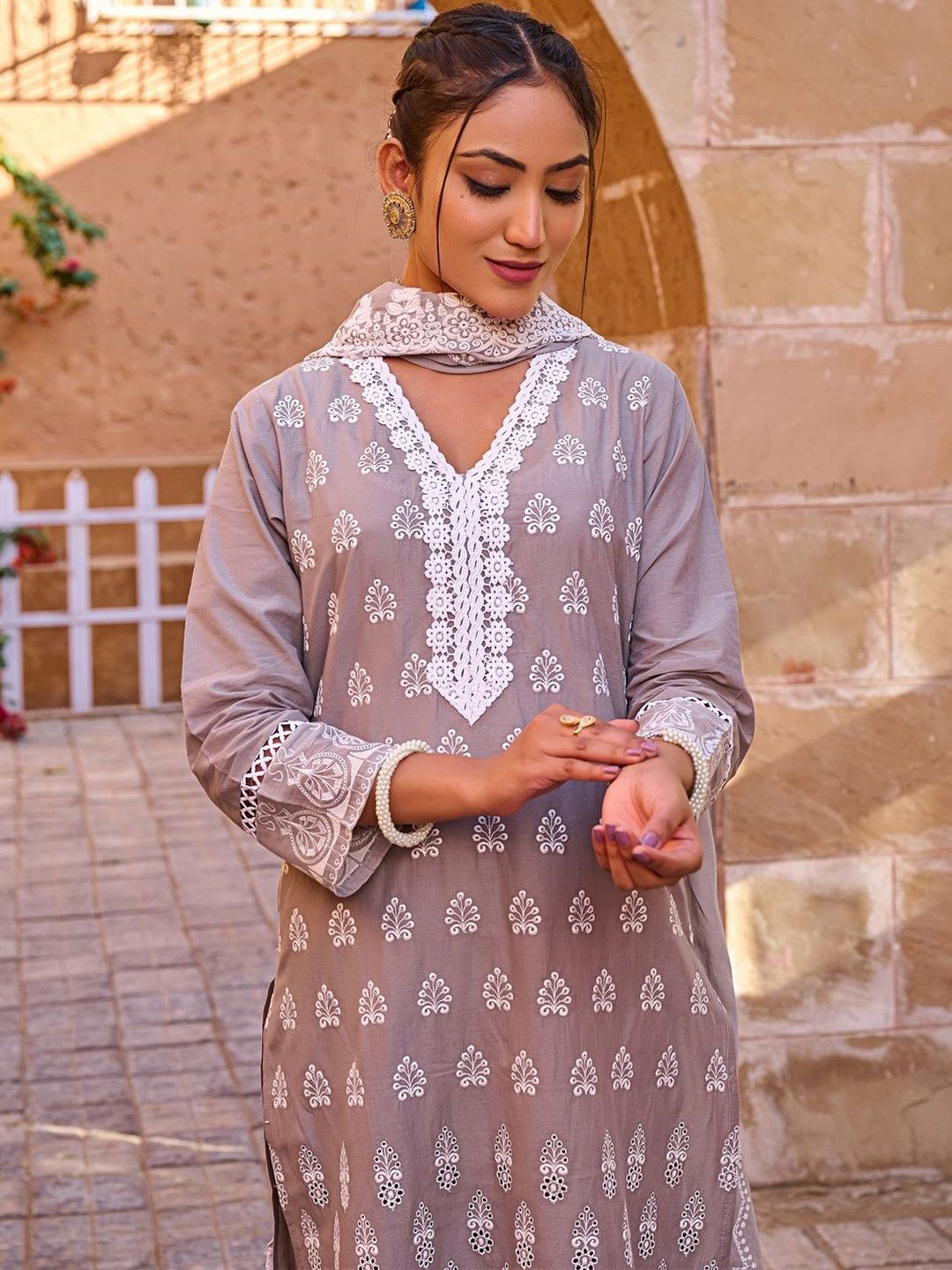 Women Ethnic Motifs Embroidered Cotton Kurta with Trousers & Dupatta